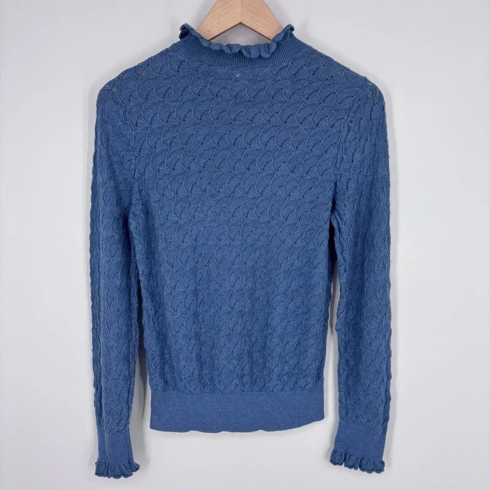 Sundance Frances Pointelle Ruffle Neck Long Sleeve Knit Sweater Womens M Blue